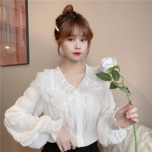 Wedding Party Korean White Princess Lolita Shirts Womens DesignerTops Blouses Sweet Peter Pan Collar Lace Long Sleeve Shirt Lady