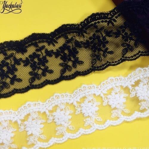 YACKALASI Mesh Embroidered Lace Fabric White and Black Soft Tulle Sewing Lace Flower Skirt Apparel Trims Scalloped Appliqued 4CM