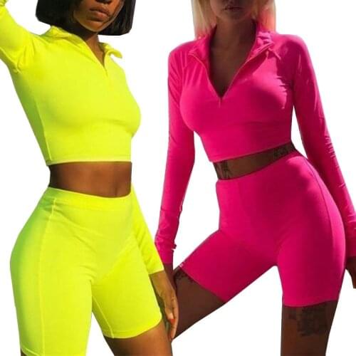 Neon Green Women Fitness Two Piece Sets Full Sleeve Crop Top and Shorts Suits Pink Outfits Biker Tracksuit Ensemble Femme Pink