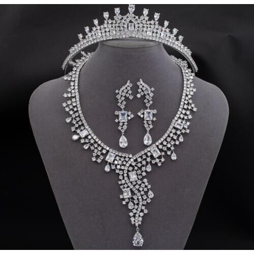 2020 New 5A Cubic Zirconia Bridal Wedding Tiara and Necklace Earring Set Jewelry Sets for Women Accessories