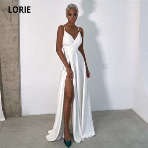 LORIE Simple Beach Wedding Dresses V Neck Spaghetti Strap Satin High Side Split A-Line Boho Bride Gown 2021 vestidos de novia