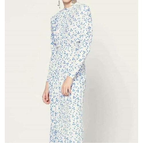 Women New Elegant Temperament Puff Sleeve Flower Print High Waist Long Blue Dress