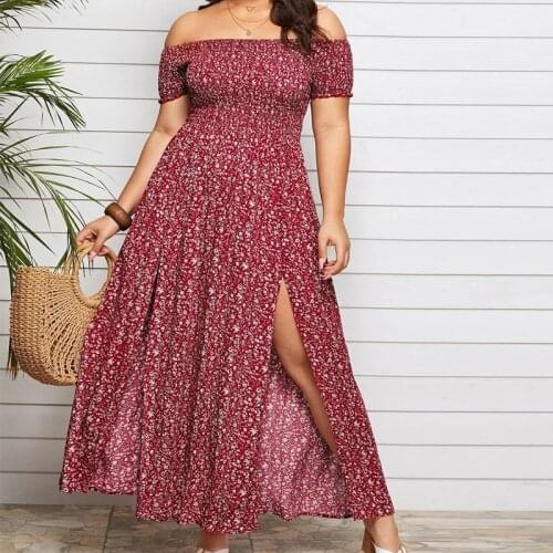 2021 Summer Dress Women Slash Neck Floral Print Off Shoulder Dress Plus Size High Split Sexy Bohemian Beach Dresses