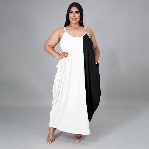 XL-5XL Color Block Patchwork Plus Size Dress Women Spaghetti Strap Backless Draped Oversize Dresses Casual Side Pocket Vestidos