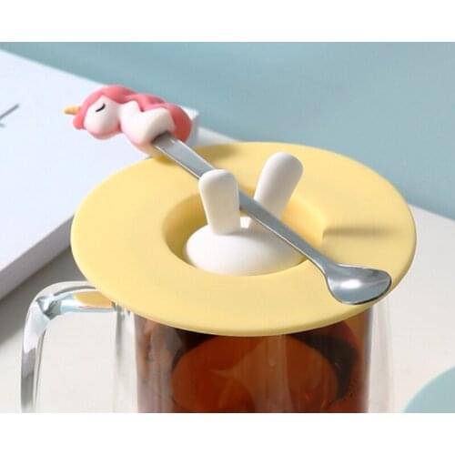 1pc Rabbit Ears-shaped Cup Lid Silicone with Spoon Holder Anti-dust Bowl Cover Cup Seals for Kitchen Glass Mugs