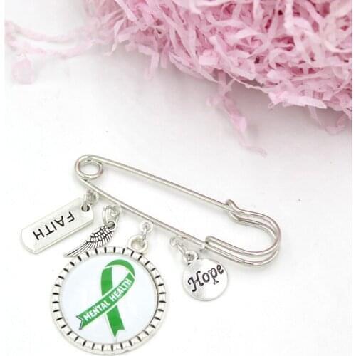 1PC Green Ribbon Brooch Pin Faith Hope Mental Health Cancer Awareness Pin Brooch Safety Pins for Women Men