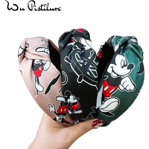 1PC Cartoon Minnie Printed Knotted Headband Fashion wide-brimmed Fabric Head Hoop High-end female Hair accessories Hairpin