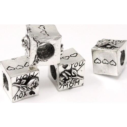 15pcs-Antique Silver I Love You Mom Beads Perfect for European Style Bracelets, Flower Beads 10x10x10mm