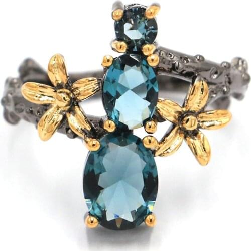 21x19mm Sublime Antique Vintage Pink Raspberry Rhodolite Garnet Flower Gift For Sister Black Gold Silver Rings