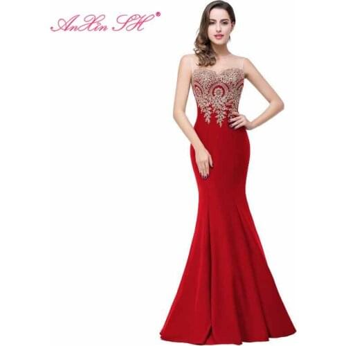 AXJFU princess red stain golden lace mermaid evening dress party o neck sleeveless illsuion trumpet evening dress