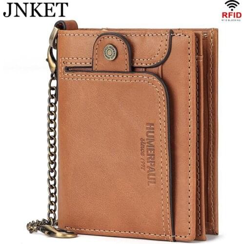 JNKET New Retro RFID Blocking Wallet Mens Cow Leather Chain Wallet Short Wallet Money Clip Card Holder Wallet Notecase
