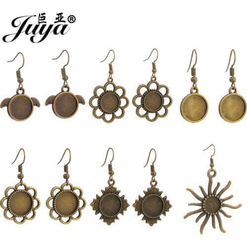 JUYA 10pcs/5 Pairs Bronze Dangle Earrings Base Settings Hooks Findings 12mm Round Shape Glass Cabochon For DIY Jewelry Making