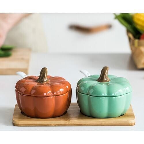 Pumpkin Ceramics Spice Jar Salt Sugar Storage Container With Spoon Kitchen Spice Bottles Jars Organizer Kitchen Tools Halloween