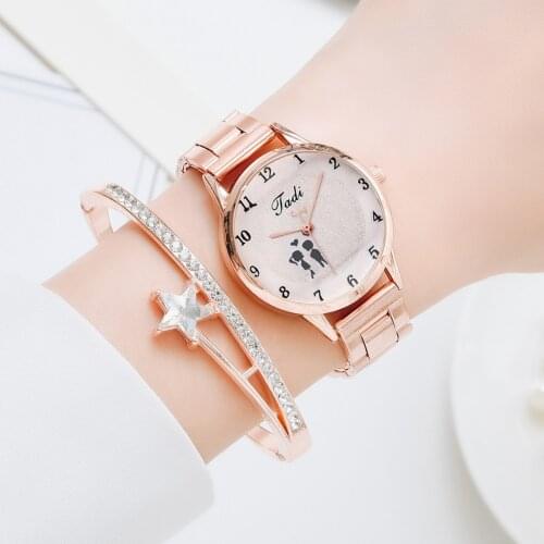 Korean Lady Round Dial Watches Star Rhinestone Bracelet Analog Quartz Wristwatch New Strap Watch Analog Wrist Watch