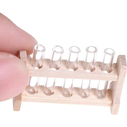 5pcs/set Laboratory Glass Test Tubes with Wooden Rack Set 1:12 Dollhouse Miniature Accessory Decoration Ornament