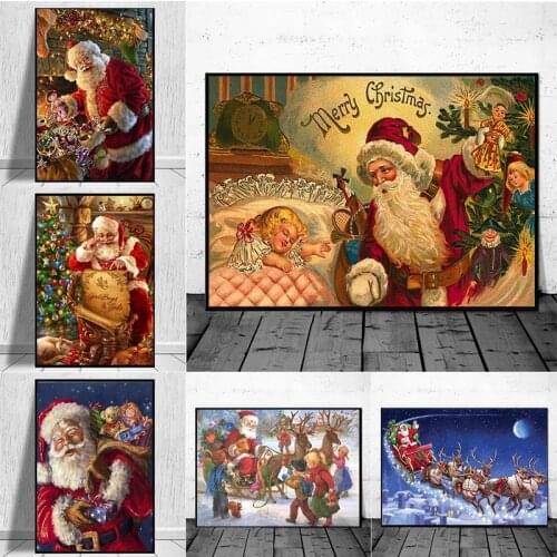 Merry Christmas Canvas Painting Wall Art Cute Snowman And Santa Claus Canvas Picture For Living Room Art Poster Print Home Decor