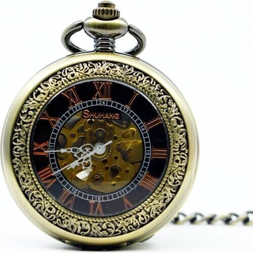 5pc/lot Fashion Luxury Bronze Roman Numerals Automatic Mechanical Pocket Watch For Men Women Fob Chain Gift PJX1302