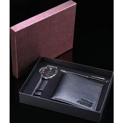Men PU Wallet Watch Ballpoint Pen Gift Box Set Simple Mens Wallet Valentines Day Gift Male Wristwatches Relogio Masculi