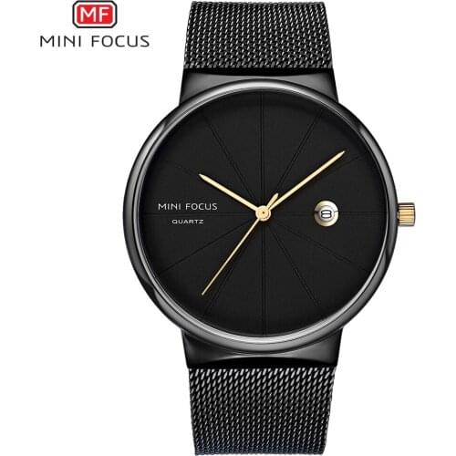 MINI FOCUS Mens Mesh Strap Waterproof Quartz Watches 2019 New Simple Business Analog Wristwatch Man Relogios Clock 0176G Black