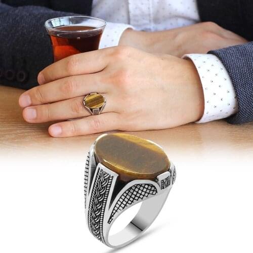 Tesbihane Tiger 'S Eye Stone Mesh Design 925 Sterling Silver Men 'S Ring