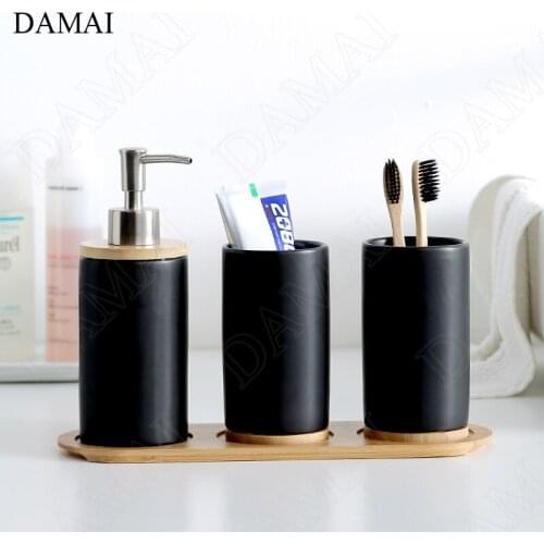 Nordic Household Ceramic Bathroom Set Creative Simple Three-piece Shampoo Bottle Mouth Cup with Tray Set Bathroom Accessories