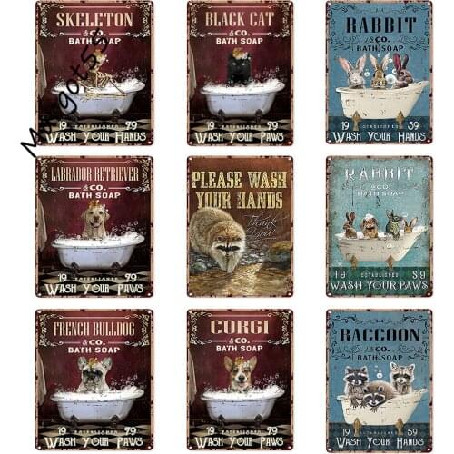 Bathroom Art Wall Decor Modern Red Bath Soap Black Cat Wash Your Paws Metal Sign Decor Tin Aluminum Sign Wall Art Metal Poster