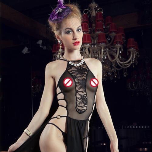 2019 Newest Women Sexy Lingerie Lace Dress See Through Mesh High Split Long Exotic Dresses Nightwear