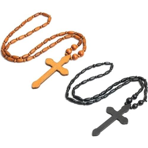Natural Wooden Bead Jesus Cross Rosary Necklace Carved Rosary Pendant Christian Jewelry Necklace Harajuku Style Punk