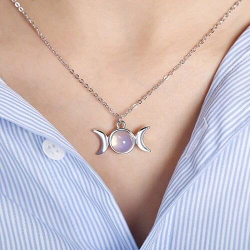 Opal Bead Triple Goddess Moon Pendant Necklace Healing Crystal Natural Stone Sailor Moon Necklace For Women