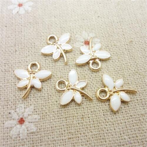 DIY gold alloy enamel white dragonfly charms for bracelet, metal dragonfly pendants dangle jewelry making findings components