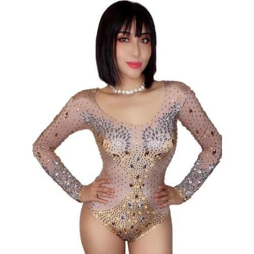 Sexy Nude Rhinestone Bodysuit Long SLeeve Elastic Pole Dance Clothes Women Singer Evening Show Gymnastics Stage Costume DNV14235
