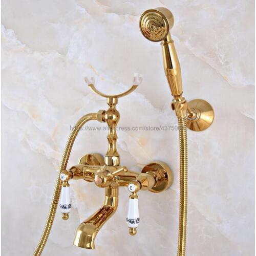 Bathtub Faucets Gold Color Brass Bathtub Faucets Rain Shower Head Tap Luxury Ceramic Telephone Wall Bath Faucet Nna909