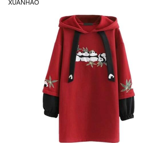 XUANHAO Red Long Hooded Sweatshirt Panda Embroidery Cotton Hoodies For Women Casual Long Sleeve Thick Pullovers Loose Tracksuit