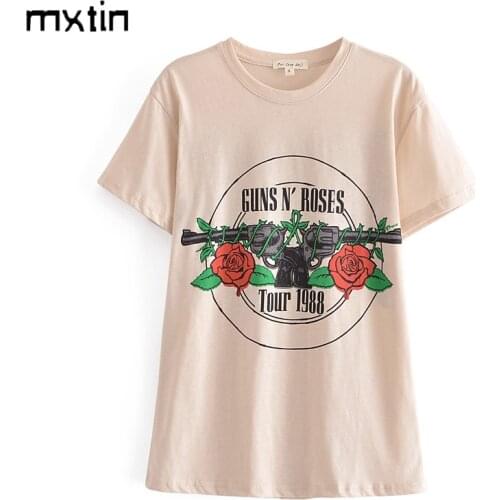 2021 Summer Fashion Gun And Rose Print T Shirt Women Casual Tops Tees Short Sleeve O Neck Loose Female Korea Ladies T-Shirt