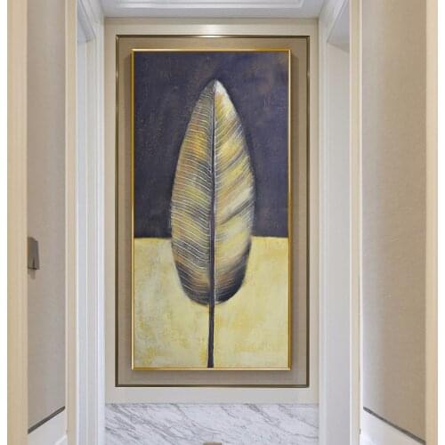 Gold Feather and Leaves with Clear Vein Elegant Oil Painting Modern Porch painting Nordic Style Wall Posters for Home Decoration