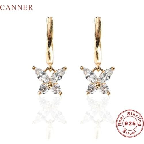 CANNER Simple Butterfly Earrings For Women 100% Real 925 Sterling Silver Earrings Hoops Zircon Korean Fine Jewelry Pendientes