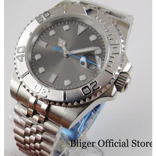 BLIGER Grey 24 Jewels NH35A MIYOTA 8215 40mm Automatic Men Watch Blue Second Hand Jubilee Bracelet Screw Crown Mental Back