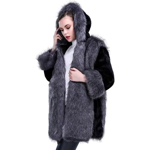 BOoDinerinle 3XL Women Winter Warm Artificial Fur Mink Hooded Coat Luxury Splice Fashion Hide the pocket casaco pele falso PC010