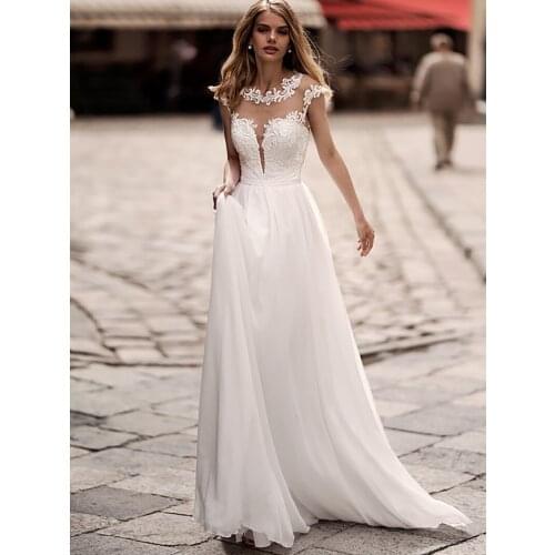 Scoop Neck Lace Chiffon Bridal Gown Illusion Back Tulle Beach Plus Size Boho Pearls Outdoor Elopement Wedding Dress with Sash