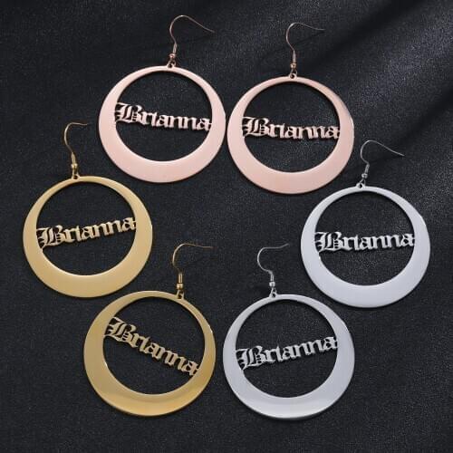 Personalized Name Earrings Round Drop Custom Name Jewelry in Stainless Steel18K Gold Plate Nameplated Earrings Gift For Women