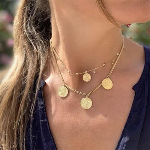 2 Pcs/Set Classic Women Necklaces Round Portrait Pendant Bead Clavicle Chain Gold Necklace Set Fashion Female Banquet Jewelry