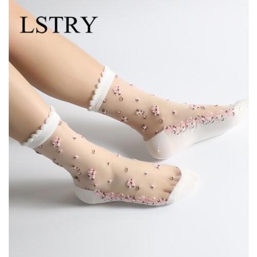 Korean Summer Fashion Women Socks Lstry Ultrathin Transparent Lace Silk Crystal Rose Flower Elastic Short Socks Female Sox Cool