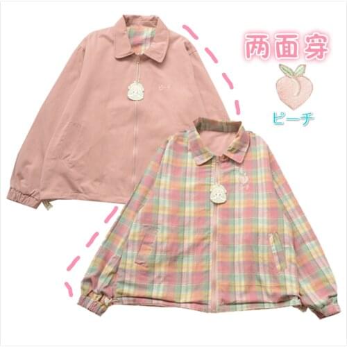 Japanese Mori Soft Girl Style Cute Lapel Peach Peach Wear Plaid Coat Kawaii Student Girl Spring and Autumn Jacket