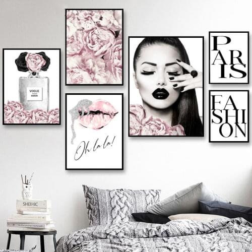 Perfume Lips Poster Fashion Canvas Painting Flowers Wall Art Print Makeup Painting Modern Woman Wall Pictures Living Room Decor