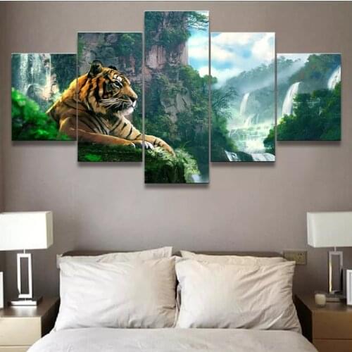 Wall Art Canvas Painting 5 Panel Tiger Mountain Waterfall Image Animal Poster Home Living Room Decoration Decorative Frames