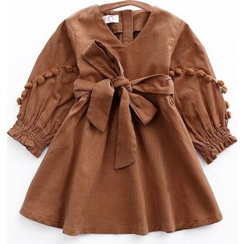 2017 New Autumn Vintage Style Baby Girl Velvet Dress Bowknot Lantern Sleeve Winter Kids Corduroy Pompoms Dresses for Girls