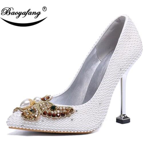 BaoYaFang New Arrival womens fashion shallow Wedding shoes Woman Pearl crystal Pointed Toe Party dress shoes High shoes
