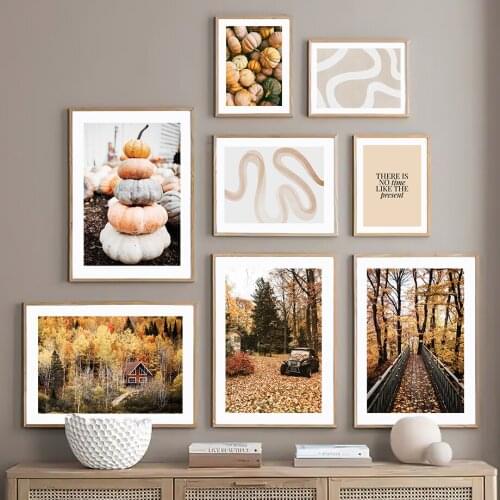 Autumn Pumpkin Village Leafs Road Abstract Line Wall Art Canvas Painting Nordic Posters And Prints Wall Pictures For Living Room
