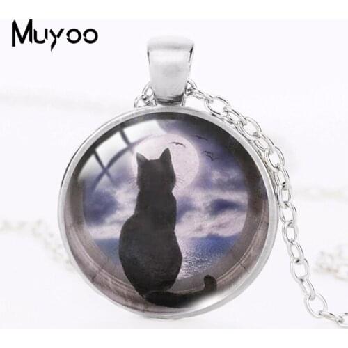 2021 New Cat with Moon Pendant Necklace Witchcraft Painting Round Print Photo Necklaces Glass Dome Jewelry Gifts