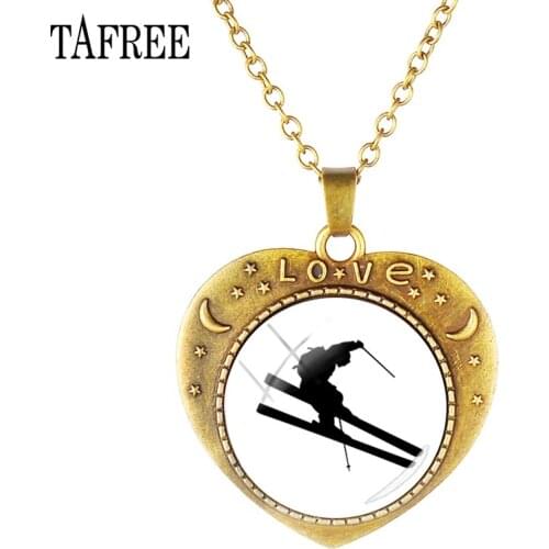 TAFREE Glass Dome Heart-Shaped Necklace Outdoor Sports Skiing Picture Custom Choker Sports Game Souvenir Women Gift Jewelry SG29